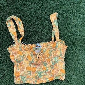 Urban Outfitters Yellow Green Floral Smocked Cropped Tank Top Size S